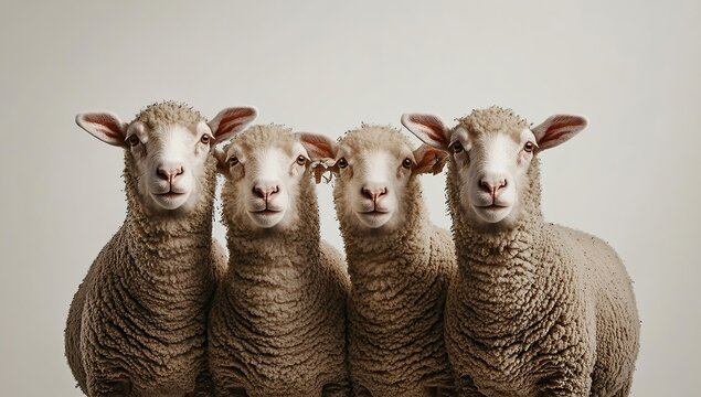 Four sheep facing the camera, against a white background with soft lighting