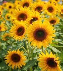 Obraz premium Vibrant yellow sunflowers fill the frame, creating a cheerful summer background, texture, petals, stems