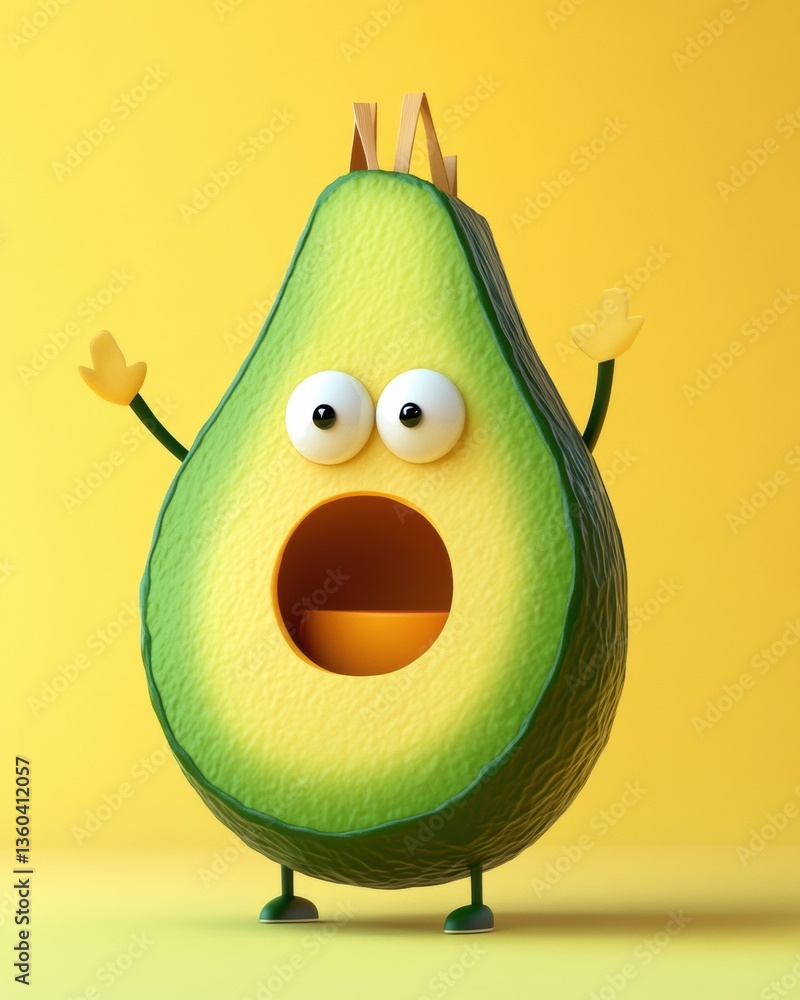 Poster humorous cartoon avocado having fun while carrying a grocery bag against a playful pastel background