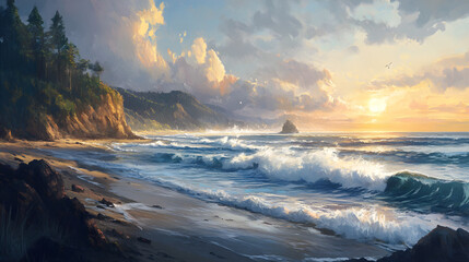 Fototapeta premium The ever-changing beauty of a coastal landscape, where crashing waves meet the rugged shore, showcases the powerful and unyielding force of nature elements