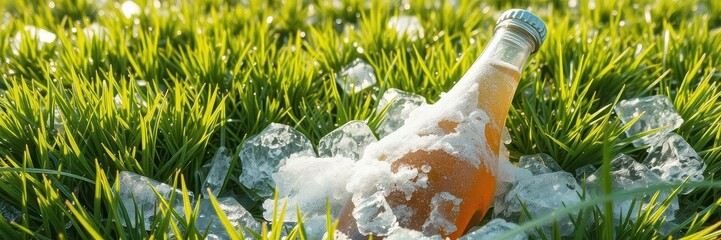 A frosted bottle of beer chills in ice on vibrant green grass, promotion, photo