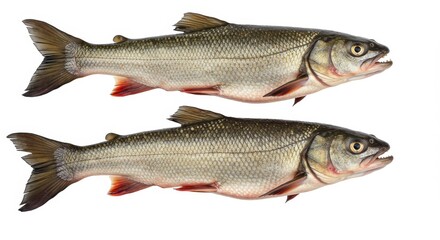 Obraz premium Two Fresh Sauger Fish on White - Freshwater fish, healthy eating, sustainable seafood, culinary ingredient, river fish.