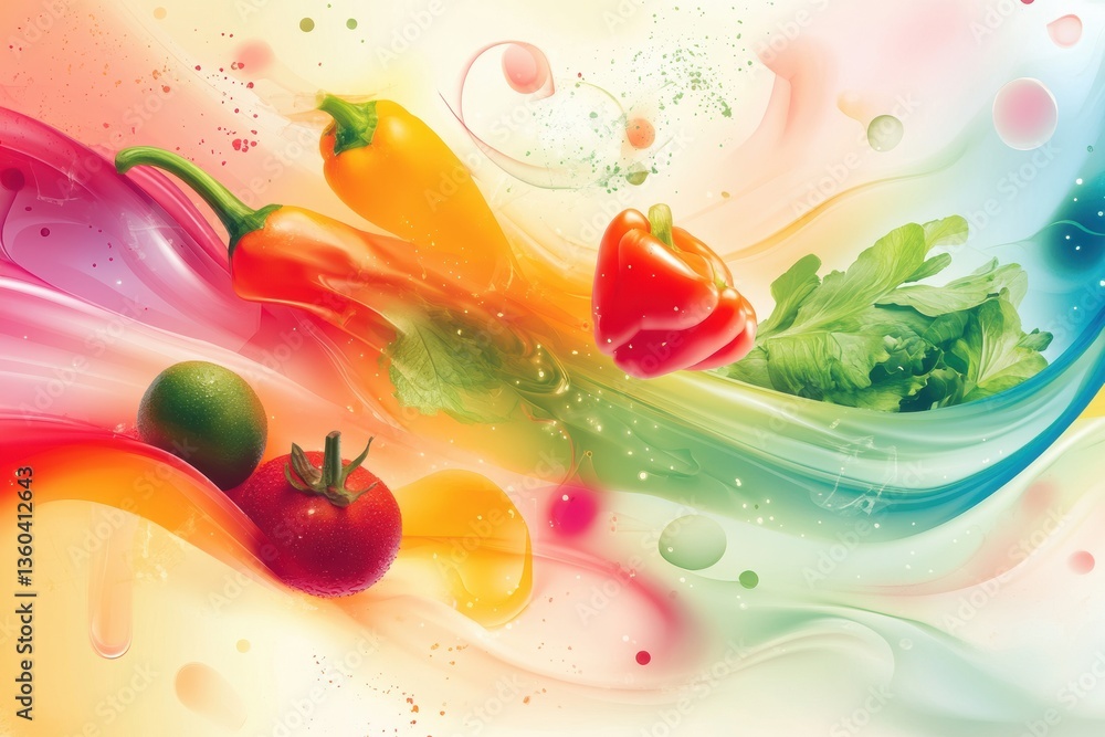 Poster dynamic flow of fresh groceries with vibrant colors and smooth gradients in an abstract design gener