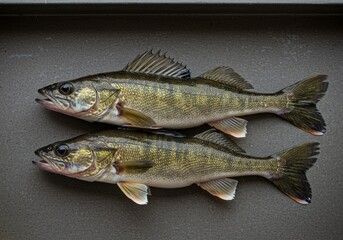 Naklejka premium Two Fresh Walleye on White Background - Two walleye fish, freshly caught, lie side by side on a white surface. Symbolising freshness, abundance, healthy eating, nature, and culinary delight.
