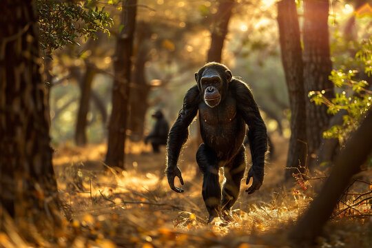 Lifelike reconstruction of extinct Australopithecus afarensis including Lucy walking upright through African woodland small ape like hominin mix of human primate feature long arm slightly protruding