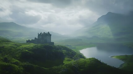 Obraz premium Scenic View of the Scottish Highlands with Rolling Green Hills, Misty Valleys, and a Dramatic Sky
