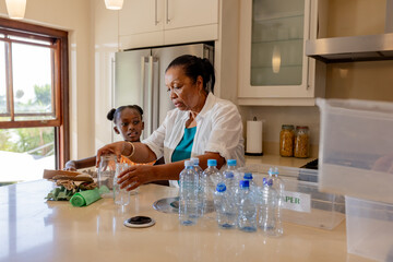 Recycling plastic bottles in kitchen, grandmother and granddaughter bonding over chores