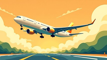 Passenger Airplane on Runway Against Vibrant Sunset Sky and Green Landscapes