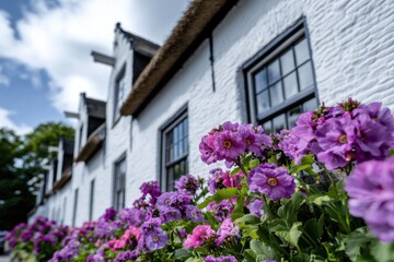 In a charming village, vibrant flowers burst into bloom right in front of a lovely white cottage, creating a stunning display of landscaping under the bright sun