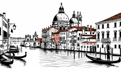 Sketch of Venice in black and white.