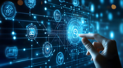 Digital Interface Interaction: A close-up shot showcasing a human finger interacting with a futuristic digital interface, highlighting technology and innovation. 