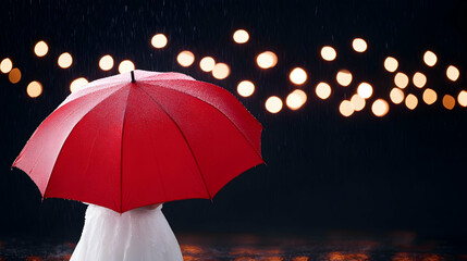 Red umbrella shielding person from rain, bokeh lights