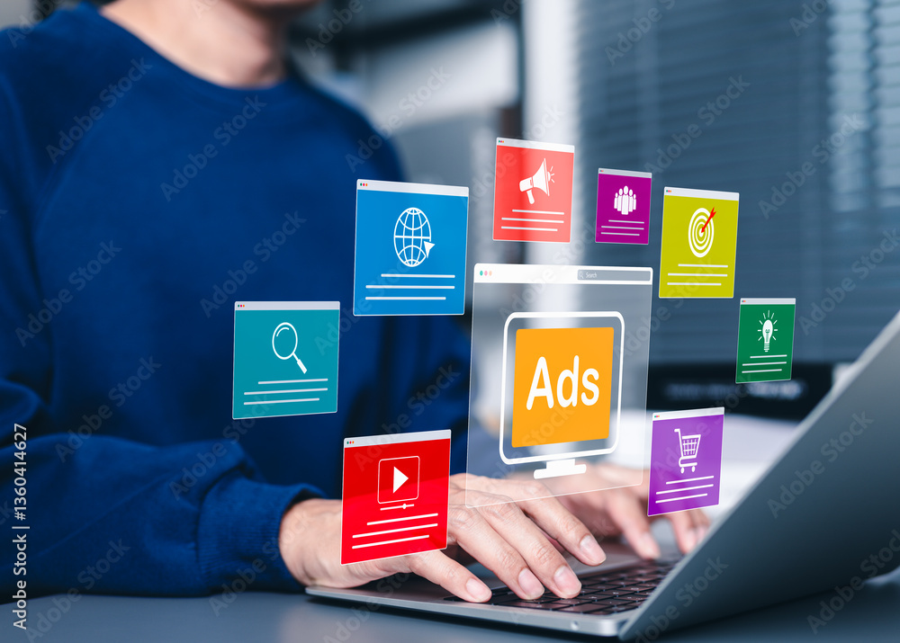 Wall mural digital marketing ads on website interface. a person using laptop with ad icons representing online 