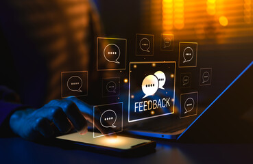 Fototapeta premium Feedback and Reputation Management Concept. Feedback icons represent online reviews, user comment ratings, feedback writing, satisfaction survey, reputation management in modern digital interfaces,