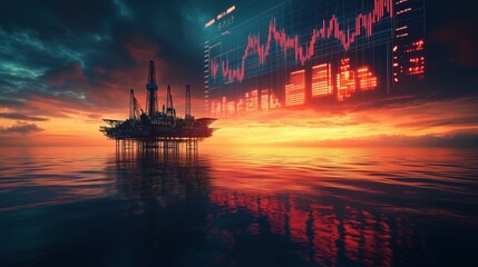 Oil rig on the water at sunset with stock market data displayed above the horizon