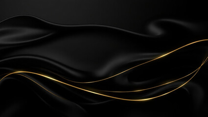 Elegant black silk background with flowing golden lines and luxurious texture

