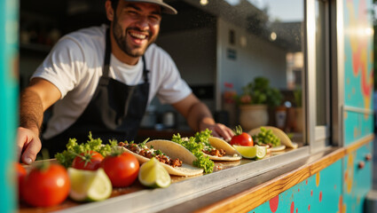 Smiling chef presenting delicious tacos with fresh ingredients  