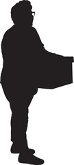 Vector silhouette of senior woman holding cardboard box and looking away