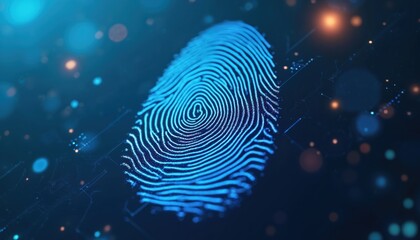 Single fingerprint illuminated blue background. Biometric identification, security concept. Digital scan authentication access control identity verification privacy data protection technology.