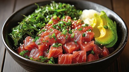 A vibrant pixel art bowl, meticulously crafted with intricate lines, showcases a tantalizing Poke Bowl featuring fresh tuna, creamy avocado, and a sea of seaweed salad, a symphony of colors 