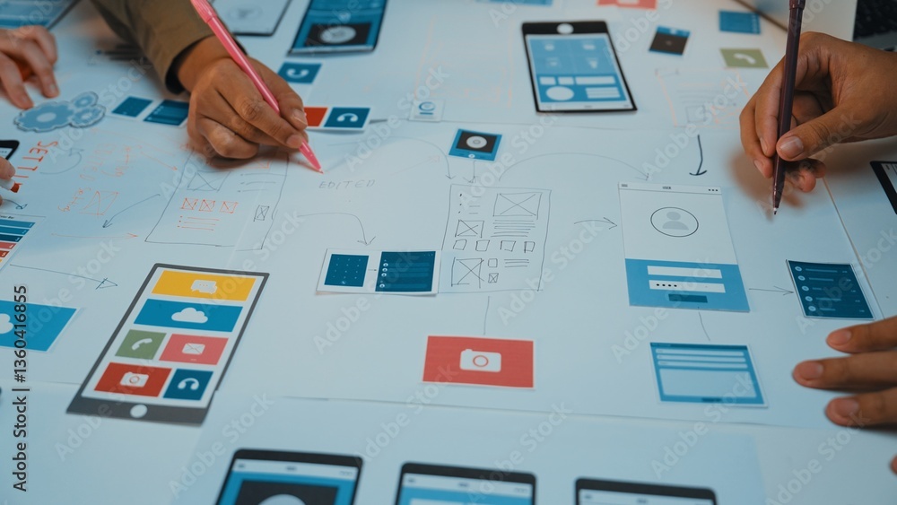 Poster hands of a creative team engage in collaboration around a table full of app design sketches and prot
