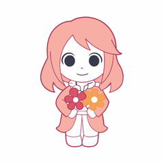 A cute little girl with pink dress and a bouquet, smiling in a cartoon illustration