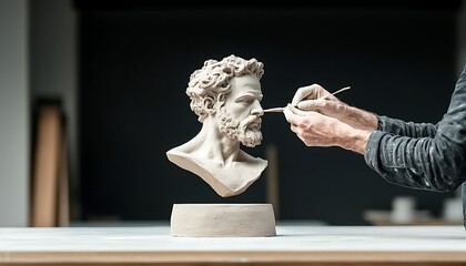Sculptor crafting clay bust.