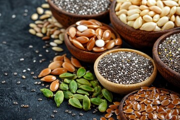 Fototapeta premium Chia seed vegan healthy fats boost. Variety of seeds in bowls on a dark surface.