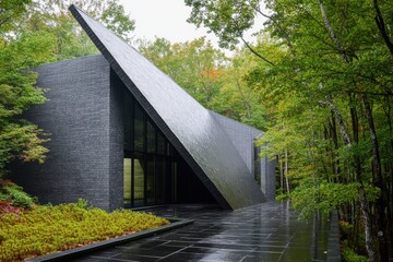 Modern architectural structure with angular design nestled among vibrant autumn foliage in a serene woodland setting during overcast weather