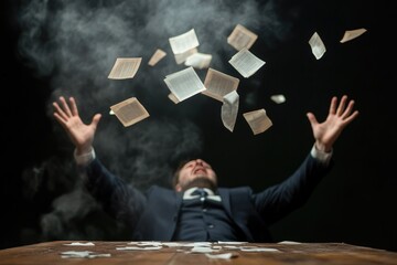 Frustrated Businessman Throws Papers in Air Amidst Stressful Work Environment