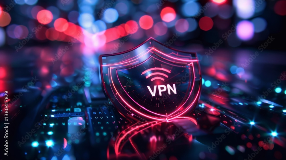 Poster protecting online privacy with ai-powered vpn technology and a digital security shield