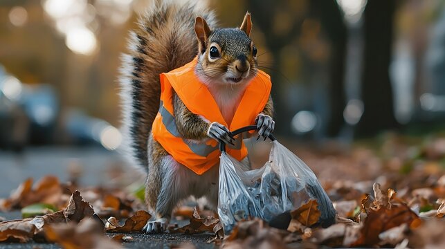 Squirrel in safety vest picks up litter in city park