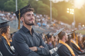 Fototapeta premium Graduation ceremony showcases proud students celebrating accomplishments at sunset with family and friends in attendance