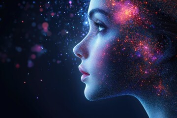 Fototapeta premium Futuristic Woman with Cosmic Elements on Face in Digital Art
