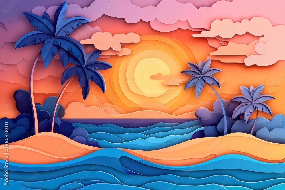 Aufkleber tropical island paradise with layered paper cut style featuring palm trees waves and a glowing sunse