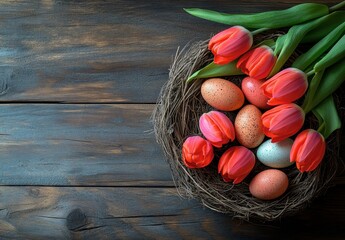 Colorful Easter Arrangement with Tulips and Decorative Eggs in a Natural Nest on Rustic Wooden Background for Spring Celebrations and Holidays