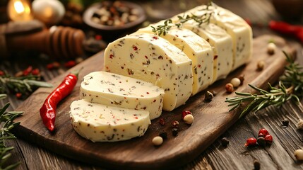 A creamy butter log infused with chili flakes and honey, sliced into perfect rounds, deep rustic tones