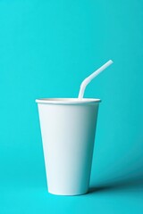 Minimalist White Paper Cup with Straw on Blue Background