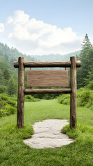 Rustic wooden signpost on a stone path in a verdant meadow, against a backdrop of a tranquil forest and a bright sky