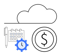 Cloud outline above a calendar with checkmarks, pen, cog with clock, and dollar coin. Ideal for time management, data organization, digital planning, scheduling, productivity efficiency flat simple