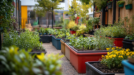 Obraz premium Bright Green Urban Garden with Recycled Containers