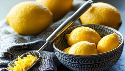 A high-quality citrus zester resting next to a bowl of freshly zested lemon peel and a kitchen towel