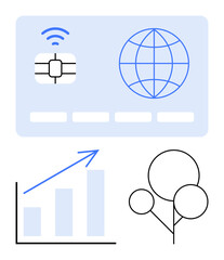 Contactless smart card with global icon, upward financial graph, and eco-friendly tree illustration. Ideal for finance, technology, global trade, growth, security, sustainability innovation flat