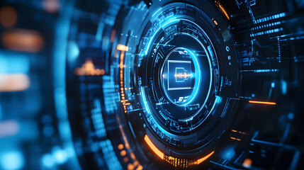 Futuristic Tech Interface: A close-up of an intricate, futuristic interface with glowing circuits, data streams, and a digital display, showcasing cutting-edge technology and innovation.