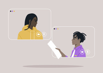 Two individuals are actively communicating on a digital platform, one preparing notes while attentively listening to the other, highlighting remote collaboration and teamwork