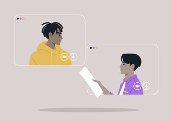 Two individuals are actively communicating on a digital platform, one preparing notes while attentively listening to the other, highlighting remote collaboration and teamwork