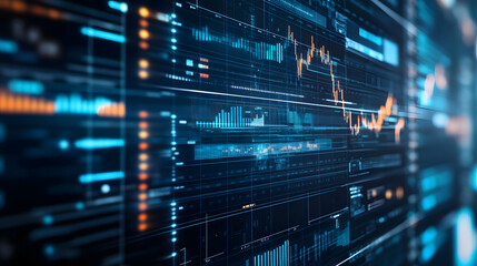 Analyzing Data: Abstract visualization of financial data, displayed on multiple screens in an illuminated setting. A powerful graphic.