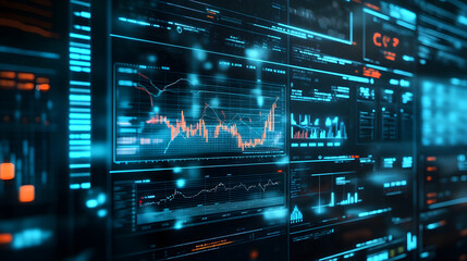 Digital Data Visualization: A close-up shot of digital data visualization with animated financial charts and graphs.