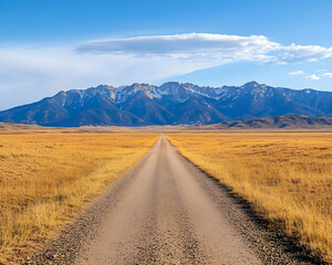 Fototapeta premium Scenic dirt road vanishing into a vast golden field, leading towards majestic snow-capped mountains under a clear blue sky