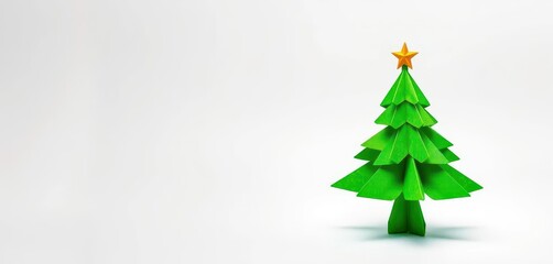 Obraz premium A vibrant green origami Christmas tree, adorned with a yellow star, stands on a pristine white background, celebration, simple